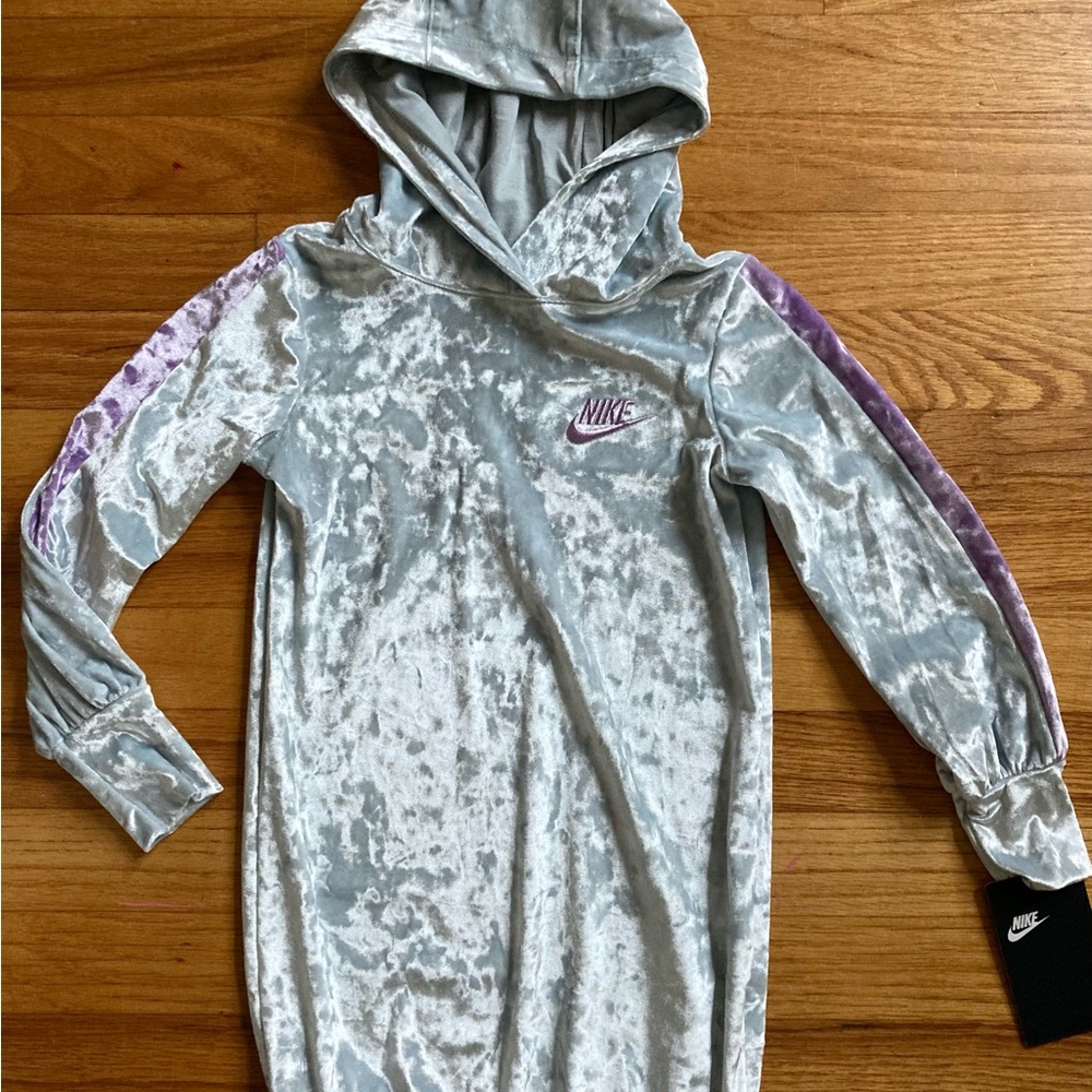 Nike Kids' Shimmering Silver Hooded dress with Purple Stripes size 6x